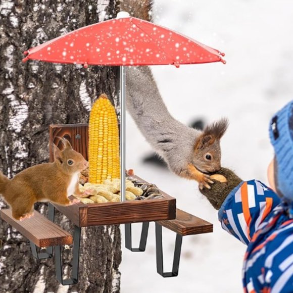 Squirrel & Chipmunk Miniature Picnic Table - Feeder w/Corn Cob Holder & Umbrella - Picture 3 of 11